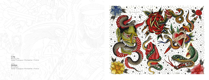 Tattoo Flash from the French Kiss Project by Schiffer Publishing, Ltd. features colorful snakes, a red rose, LOVE hearts, a dagger, and yellow, blue, and red flowers on white with black dots.