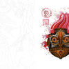 Two illustrated masks from "Tattoo Flash from the French Kiss Project" by Schiffer Publishing, Ltd. feature a fiery nut-like mask and a fierce white oni mask with red accents, both set against a plain white background.