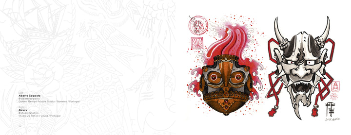 Two illustrated masks from "Tattoo Flash from the French Kiss Project" by Schiffer Publishing, Ltd. feature a fiery nut-like mask and a fierce white oni mask with red accents, both set against a plain white background.