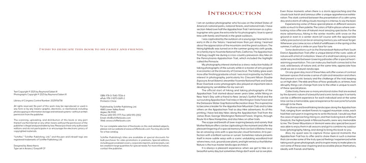A two-page spread from The Appalachian Trail by Schiffer Publishing, Ltd.: the left page shows copyright, a dedication to family and friends, acknowledgments, and credits; the right page has an INTRODUCTION and several paragraphs on Appalachian Trail photography.