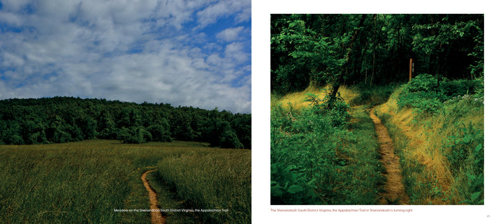 Two images: left, a narrow trail winds through a grassy meadow to a forest; right, a shaded path curves in the woods—both scenes capturing the serene landscapes featured in "The Appalachian Trail" by Schiffer Publishing, Ltd.