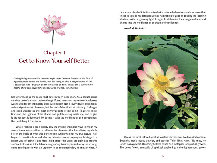 Pages from "Transcending Sexual Trauma" by Schiffer Publishing, Ltd. display a pink lotus illustration, the start of Chapter 1—Get to Know Yourself Better—with a lotus quote and text on self-awareness for holistic well-being.