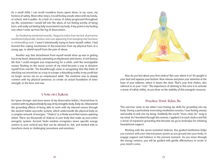 A two-page spread from "Transcending Sexual Trauma" by Schiffer Publishing, Ltd. discusses chakras and holistic health through personal stories. The right page shows a watercolor of a person seated cross-legged with seven chakra symbols.