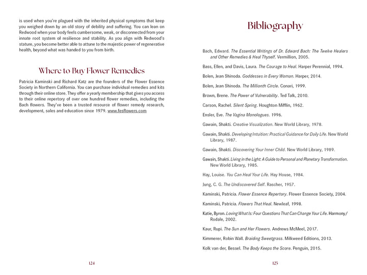 A two-page spread in "Transcending Sexual Trauma" by Schiffer Publishing, Ltd. features flower remedies for holistic health (use and buying tips on the left page) and a bibliography with books by various authors on the right page.