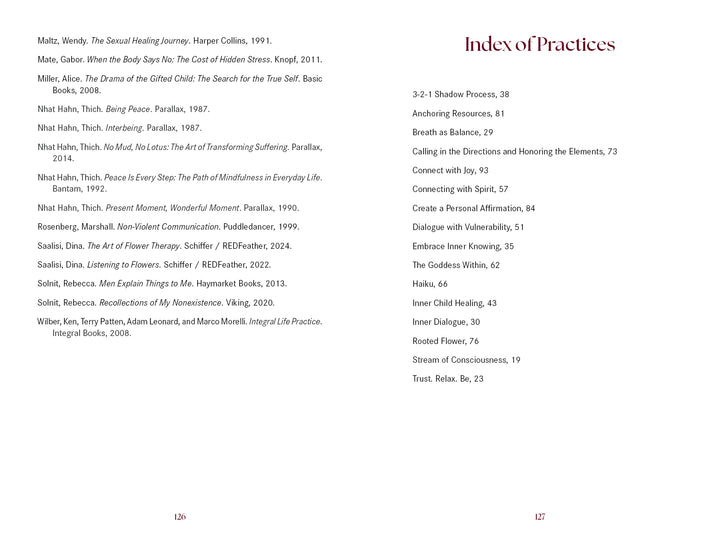 A book spread from "Transcending Sexual Trauma" by Schiffer Publishing, Ltd. displays references on the left, and a titled Index of Practices—covering topics like holistic health and flower remedies—on the right, with red headings and black text on white.