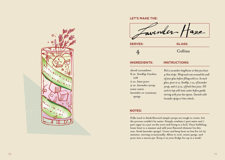 A recipe card from The Booze-Free Bar(c)art Book by Schiffer Publishing, Ltd. shows a zero-proof Lavender Haze drink: cucumber slices, ice, and lavender in a tall glass on the left; alcohol-free ingredients and instructions on the right in beige and pink.