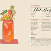 Illustration from The Booze-Free Bar(c)art Book by Schiffer Publishing, Ltd.: a tall glass of alcohol-free Bloody Mary, garnished with celery, bacon, pickles, olives, lemon wedge, and skewer; recipe ingredients and instructions shown on the right.