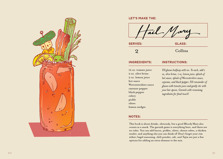 Illustration from The Booze-Free Bar(c)art Book by Schiffer Publishing, Ltd.: a tall glass of alcohol-free Bloody Mary, garnished with celery, bacon, pickles, olives, lemon wedge, and skewer; recipe ingredients and instructions shown on the right.