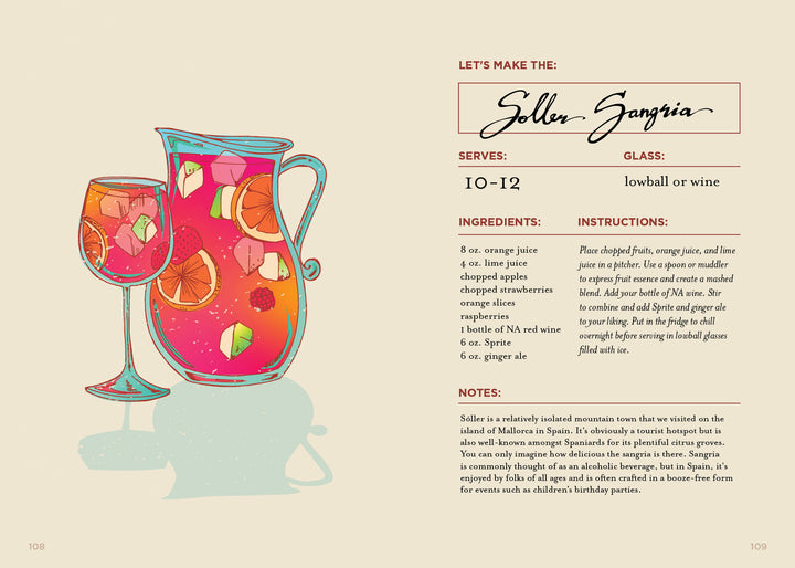 An illustration of a pitcher and glass with colorful fruit and sangria from “The Booze-Free Bar(c)art Book” by Schiffer Publishing, Ltd., featuring an alcohol-free Soller Sangria recipe with ingredients, instructions, and a local note.