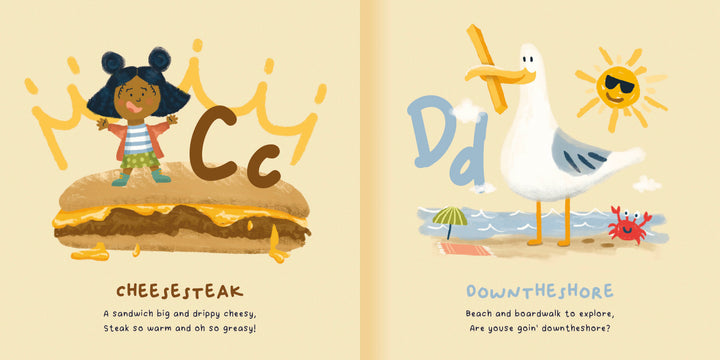 Philly ABCs by Schiffer Publishing, Ltd. is an illustrated board book featuring Cc for Cheesesteak and Dd for Down the Shore—perfect for any children's alphabet collection celebrating Philadelphia landmarks.