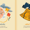 Discover Philly ABCs by Schiffer Publishing, Ltd.: An illustrated alphabet spread with Benjamin Franklin flying a kite on one page and a cracked blue Liberty Bell surrounded by orange "Ll" on the other—a playful tribute to classic Philly landmarks.