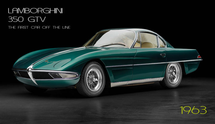 A classic green Lamborghini 350 GTV, the first Lamborghini built in 1963, is shown on a black background in "Automobili Lamborghini" by Schiffer Publishing, Ltd., highlighting its wire-spoke wheels and vintage design.
