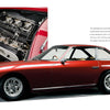 A red 1968 Lamborghini Islero from Automobili Lamborghini by Schiffer Publishing, Ltd. is shown in profile with a close-up of its engine above, parked against a white background to highlight its sleek design and shiny silver wheels.