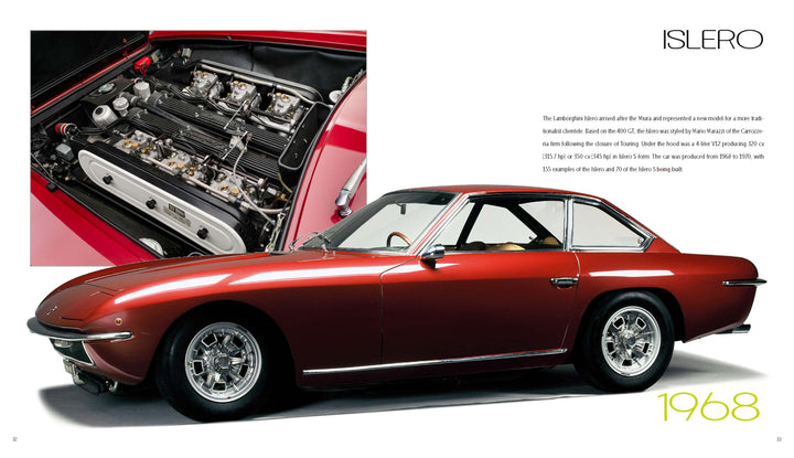 A red 1968 Lamborghini Islero from Automobili Lamborghini by Schiffer Publishing, Ltd. is shown in profile with a close-up of its engine above, parked against a white background to highlight its sleek design and shiny silver wheels.