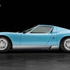 Side view of a light blue Lamborghini Miura SV (1971) sports car featured in "Automobili Lamborghini" by Schiffer Publishing, Ltd., set against a black background and showcasing the model’s legendary design. "Miura SV" and "1971" appear in the corners.