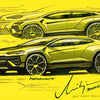 A side-view design sketch of a yellow Lamborghini Urus Performante with carbon fiber parts and handwritten notes appears in "Automobili Lamborghini" by Schiffer Publishing, Ltd.—ideal for fans of iconic luxury sportscars.