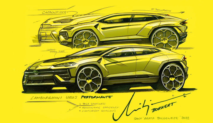 A side-view design sketch of a yellow Lamborghini Urus Performante with carbon fiber parts and handwritten notes appears in "Automobili Lamborghini" by Schiffer Publishing, Ltd.—ideal for fans of iconic luxury sportscars.