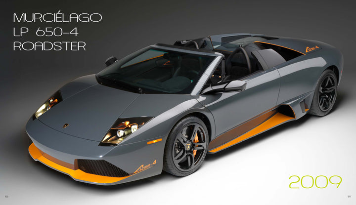 A grey and orange Automobili Lamborghini model by Schiffer Publishing, Ltd. is displayed in a studio, exuding luxury, with "Murciélago LP 650-4 Roadster" and "2009" visible in the background.