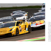 A lineup of Lamborghinis races on track, fronted by a yellow Super Trofeo with sponsor logos, highlighting Automobili Lamborghini by Schiffer Publishing, Ltd.—The Birth of the Super Trofeo (2009) and the luxury sportscar legacy.