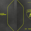 Dark textured background with neon yellow lines. Left shows Automobili Lamborghini Special Edition; right features bull logo, PAST PRESENT FUTURE below. Top right: SIMONLUCA PINI—an eye-catching tribute from Schiffer Publishing, Ltd.