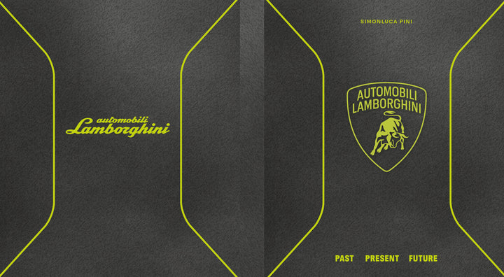 Dark textured background with neon yellow lines. Left shows Automobili Lamborghini Special Edition; right features bull logo, PAST PRESENT FUTURE below. Top right: SIMONLUCA PINI—an eye-catching tribute from Schiffer Publishing, Ltd.