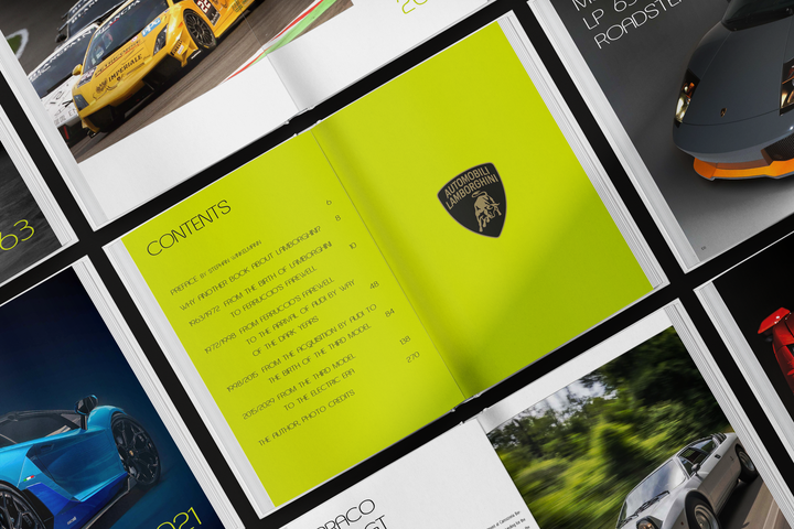 An open Automobili Lamborghini Special Edition book by Schiffer Publishing, Ltd. features a vivid yellow-green contents page with the badge and pages highlighting luxury sportscars alongside engaging text.