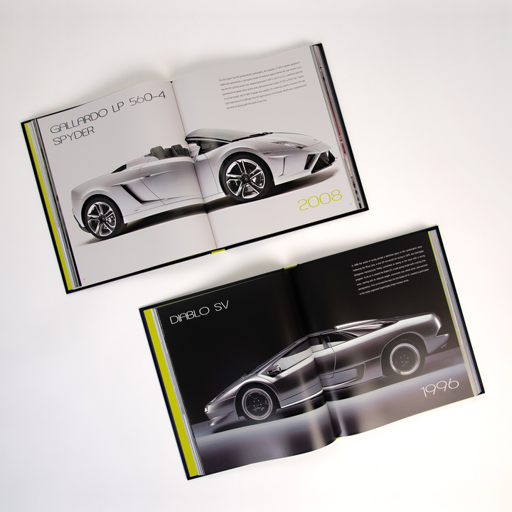 Two open Automobili Lamborghini Special Edition books by Schiffer Publishing, Ltd. display silver models: a 2008 Gallardo LP 560-4 Spyder above and a 1996 Diablo SV below, each shown in side profile.