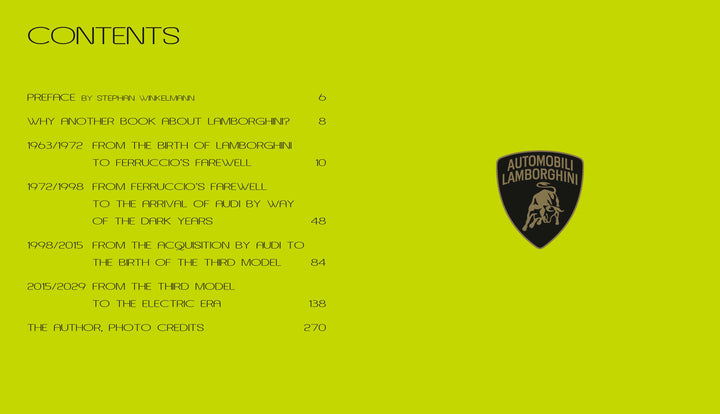 Table of contents for "Automobili Lamborghini Special Edition" by Schiffer Publishing, Ltd. on a vivid yellow-green background, featuring sections on Lamborghini’s history and luxury sportscars, with the iconic logo displayed on the right.