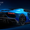 A bright blue Automobili Lamborghini Special Edition by Schiffer Publishing, Ltd. is shown from the rear and side on a dark background, emphasizing its sleek design and dramatic taillights. Yellow text reads Aventador LP 780-4 Ultimae 2021.