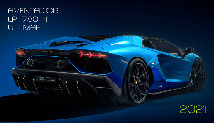 A bright blue Automobili Lamborghini Special Edition by Schiffer Publishing, Ltd. is shown from the rear and side on a dark background, emphasizing its sleek design and dramatic taillights. Yellow text reads Aventador LP 780-4 Ultimae 2021.