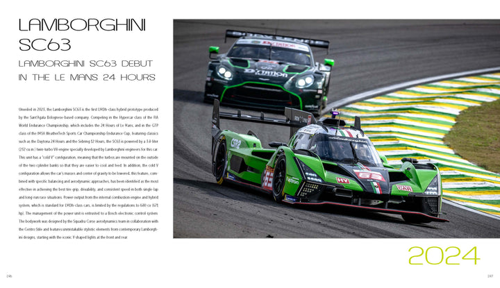 The Automobili Lamborghini Special Edition by Schiffer Publishing, Ltd. features a Lamborghini SC63 outpacing an Aston Martin at the 24 Hours of Le Mans, highlighting the speed and excellence of these luxury racecars amid dynamic blurred motion.