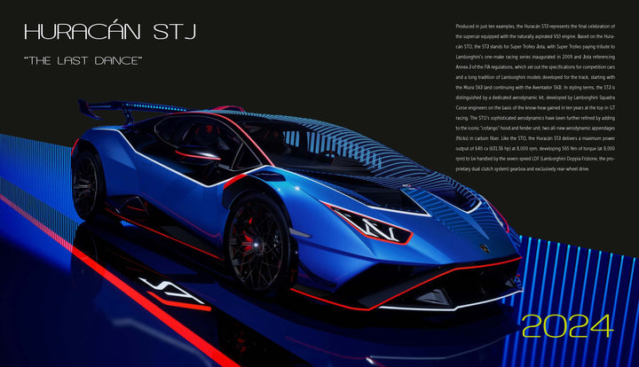 A blue Automobili Lamborghini Special Edition by Schiffer Publishing, Ltd. sits on a lit platform with red accents and STJ lettering, described as “The Last Dance” celebrating Lamborghini’s luxury sportscar legacy and 2024 release.