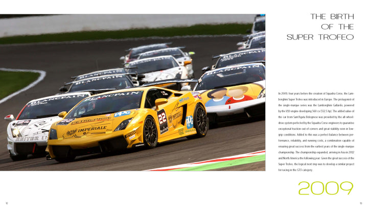 Schiffer Publishing, Ltd.’s Automobili Lamborghini Special Edition showcases a fleet of luxury sportscars racing down the track, led by a striking yellow model with black accents, capturing high-speed excitement at a world-class motorsport event.