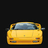 A bright yellow Automobili Lamborghini Special Edition by Schiffer Publishing, Ltd. is shown from the front against a solid black background, featuring a sleek, low design with pop-up headlights and aerodynamic side mirrors.