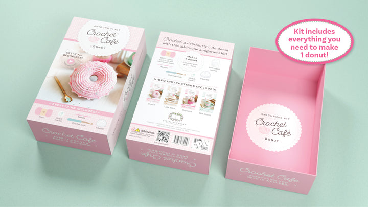 Three Crochet Cafe Amigurumi Kit Donut boxes by Schiffer Publishing, Ltd. are displayed: closed, back, and open to show contents. This beginner kit includes all you need to crochet one cute donut amigurumi!.