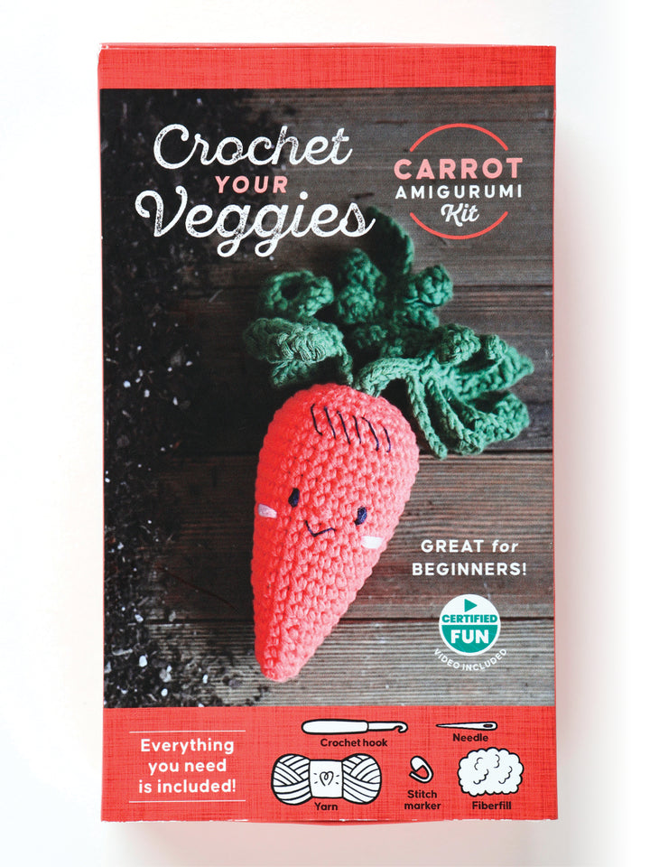 The Crochet Your Veggies Amigurumi Kit Carrot by Schiffer Publishing, Ltd. is a beginner-friendly crochet kit featuring a cute carrot design; the box includes yarn, hook, and needle, making it perfect for first-time crocheters.