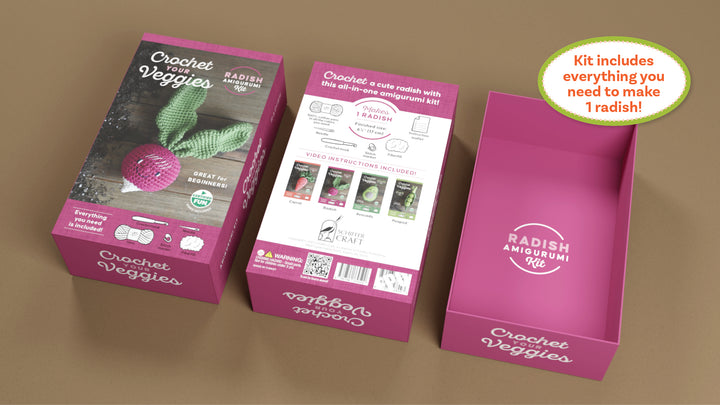 Three views of the Schiffer Publishing, Ltd. Crochet Your Veggies Amigurumi Kit Radish box: closed, open, and back displaying included items and instructions. A bubble reads, Kit has all you need to crochet 1 radish—great for beginners or radish fans!.