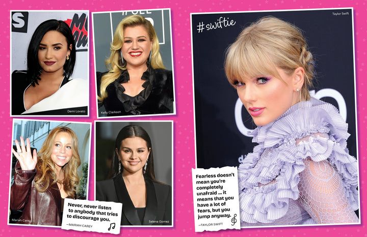 A collage on pink with Demi Lovato, Kelly Clarkson, Mariah Carey, Selena Gomez & Taylor Swift plus quotes from Mariah and Taylor. Features #swiftie—a must-have for fans of the Ultimate Pop Divas Coloring Book by Schiffer Publishing, Ltd.
