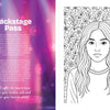 Left: "Backstage Pass" headline with vibrant glow and description. Right: Black-and-white line art of a long-haired woman amid flowers, inspired by music legends, from Schiffer Publishing's Ultimate Pop Divas Coloring Book.