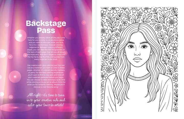 Left: "Backstage Pass" headline with vibrant glow and description. Right: Black-and-white line art of a long-haired woman amid flowers, inspired by music legends, from Schiffer Publishing's Ultimate Pop Divas Coloring Book.