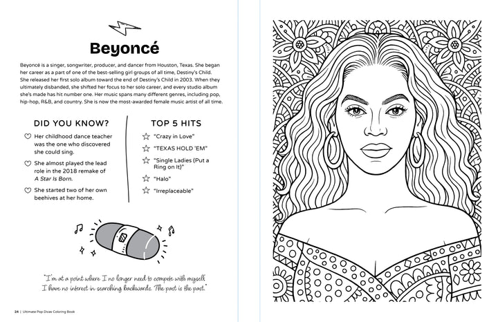 The Ultimate Pop Divas Coloring Book by Schiffer Publishing, Ltd. features a Beyoncé coloring page with wavy hair, large earrings, and a patterned background; the opposite page highlights her facts, hit songs, and a quote.