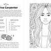The Ultimate Pop Divas Coloring Book by Schiffer Publishing, Ltd. features a Sabrina Carpenter portrait with long hair and flowers, plus a page of fun facts and her top five hits—ideal for fans of pop icons coloring books.