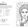 A spread from the "Ultimate Pop Divas Coloring Book" by Schiffer Publishing, Ltd. features Madonna’s biography and fun facts on the left, with a black-and-white drawing of Madonna in bold makeup, styled hair, jewelry, and a jacket on the right.