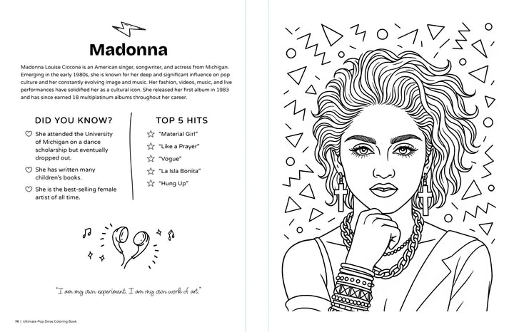 A spread from the "Ultimate Pop Divas Coloring Book" by Schiffer Publishing, Ltd. features Madonna’s biography and fun facts on the left, with a black-and-white drawing of Madonna in bold makeup, styled hair, jewelry, and a jacket on the right.