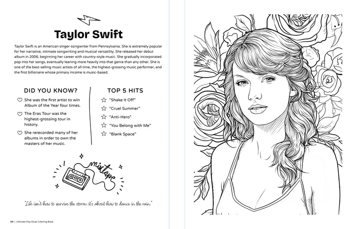 From the Ultimate Pop Divas Coloring Book by Schiffer Publishing, Ltd.: a black-and-white page features a pop diva with wavy hair and roses, fun facts and hit songs, plus a cassette tape and musical notes.