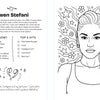 A black-and-white coloring page from the Ultimate Pop Divas Coloring Book by Schiffer Publishing, Ltd. features a stylized Gwen Stefani portrait with stars, music notes, fun facts, career highlights, and her top 5 hits on the left side.