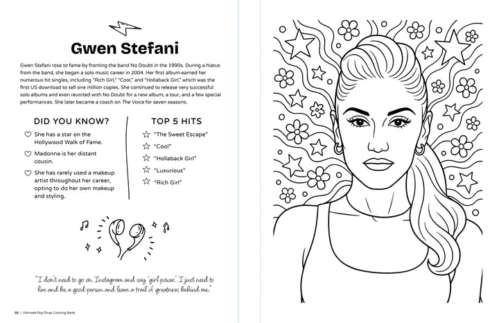 A black-and-white coloring page from the Ultimate Pop Divas Coloring Book by Schiffer Publishing, Ltd. features a stylized Gwen Stefani portrait with stars, music notes, fun facts, career highlights, and her top 5 hits on the left side.