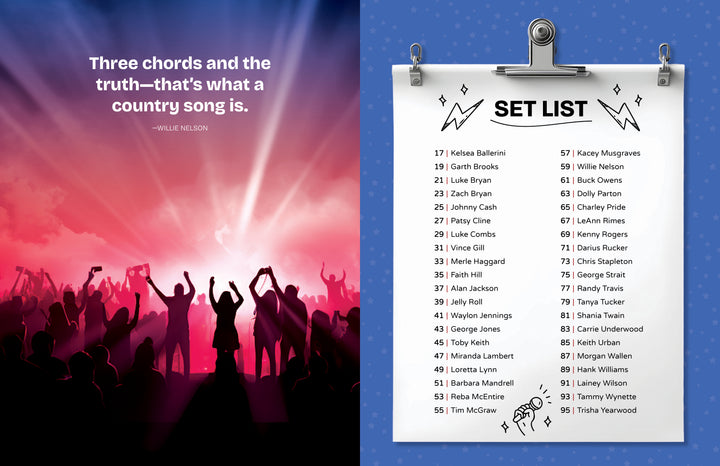 Under pink and blue lights, concert-goers cheer beside a quote about country songs. Nearby, a set list of 30 legendary artists inspires the Ultimate Country Legends Coloring Book by Schiffer Publishing, Ltd., shown against a blue background.