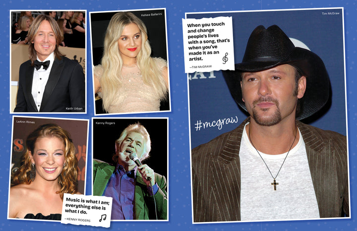 A collage of country stars, including Keith Urban and Tim McGraw, plus music quotes, makes the Ultimate Country Legends Coloring Book by Schiffer Publishing, Ltd. the perfect inspirational coloring book for adult fans.