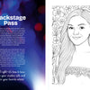 Two-page spread from the Ultimate Country Legends Coloring Book by Schiffer Publishing, Ltd.; left has vibrant lights with "Backstage Pass" and info on coloring, right features a smiling woman against a floral background, ready to be colored.